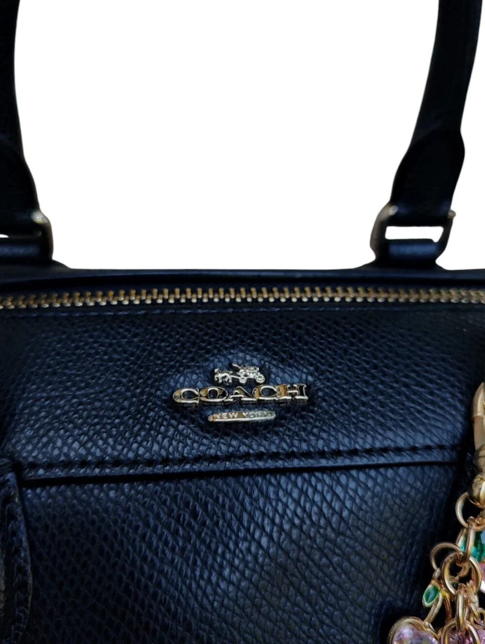 Coach Black Pebbled Leather Satchel with Cherry Charm